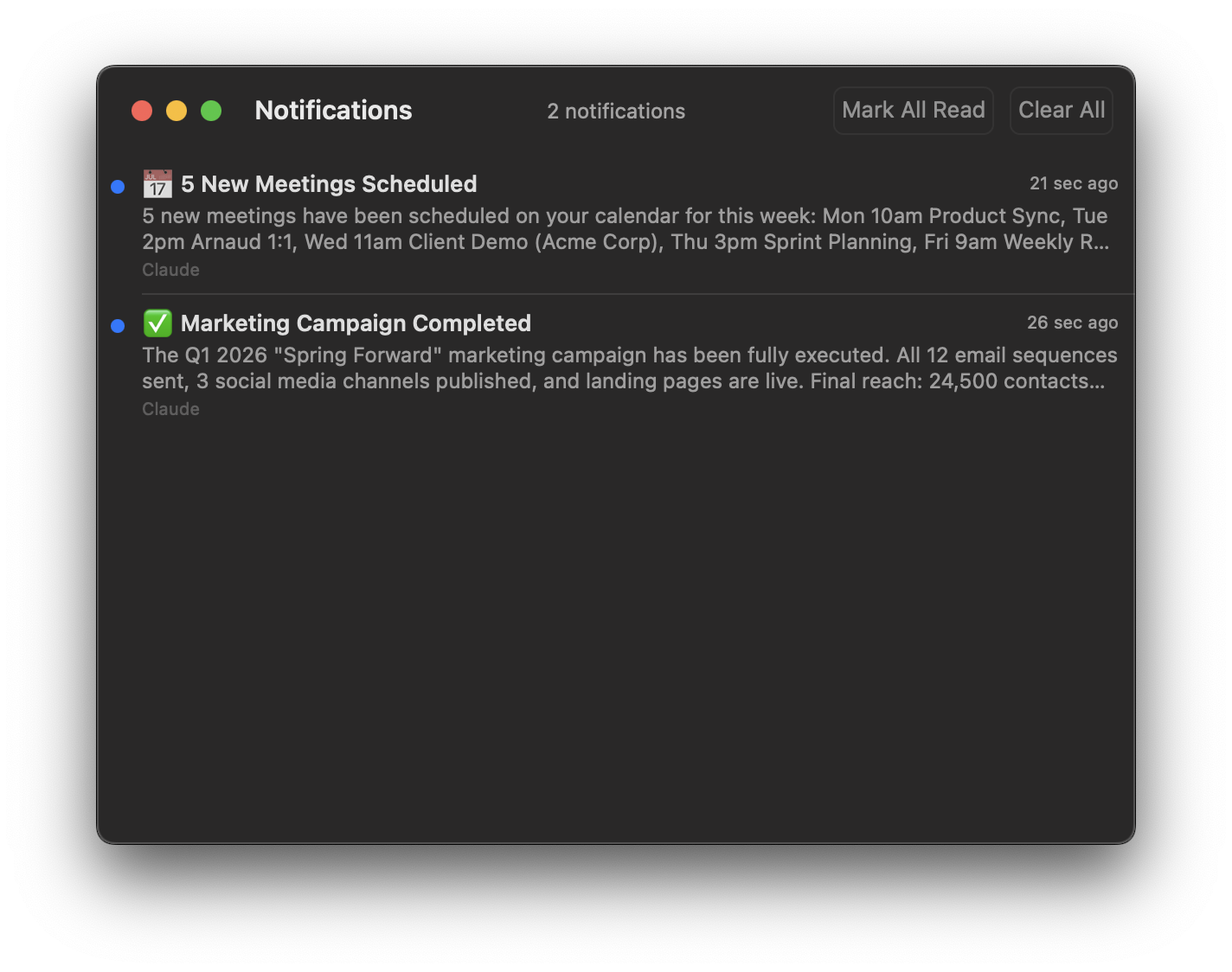 Notifications panel